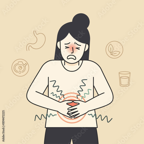 Woman with Stomach Pain, Digestive Issues, Abdominal Discomfort, Healthcare Concept