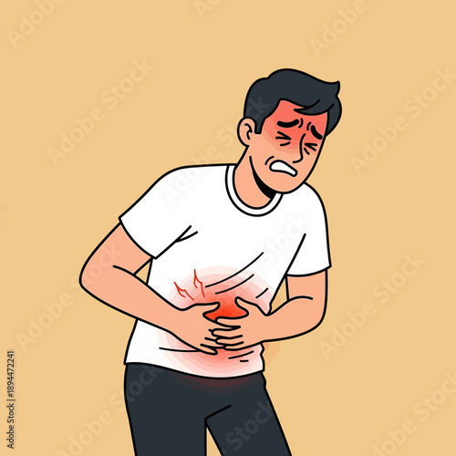 Man experiencing abdominal pain, holding stomach in discomfort