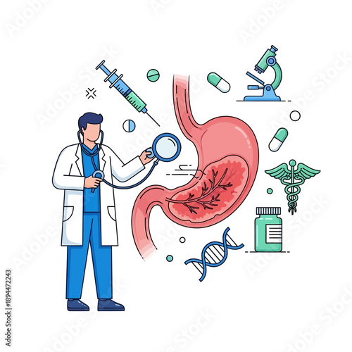 Doctor examines stomach with magnifying glass, medical research, healthcare concept