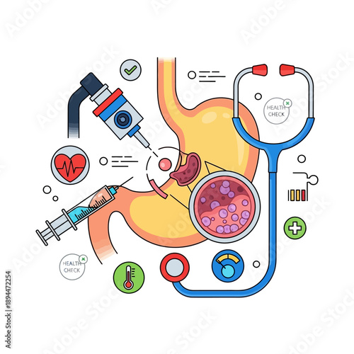 Medical Illustration: Stomach Health Check, Endoscopy, Biopsy, and Stethoscope