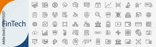 FinTech and digital banking icons set, thin line financial technology online payment and cryptocurrency vector illustration