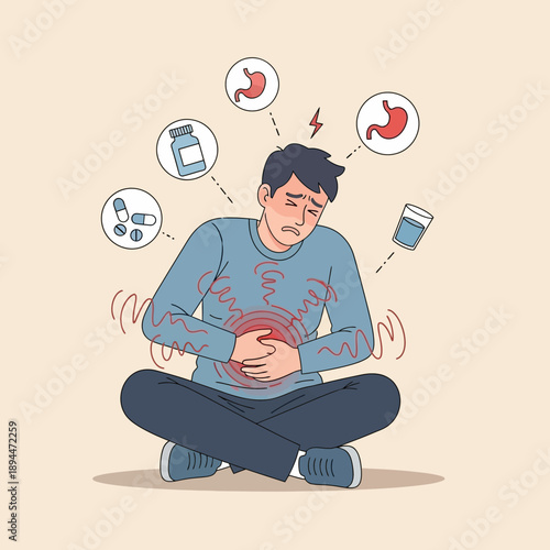 Man suffering from stomach ache, digestive issues, and indigestion with medical icons