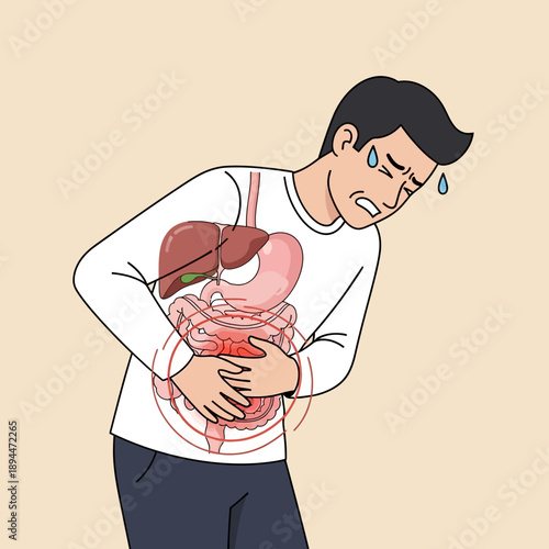 Man suffering from stomach pain, digestive system highlighted with internal organs
