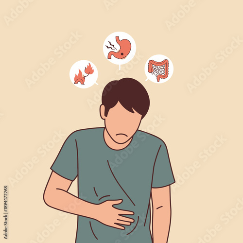 Man with Stomach Ache Symptoms - Indigestion, Heartburn, and Intestinal Discomfort