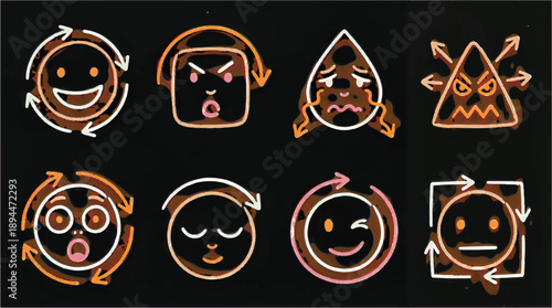 A set of eight emoticon faces with arrows on black background