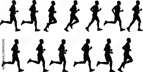 Collection of Fourteen Men Running Silhouettes in Motion for Sports Branding Marathon Marketing Fitness Training and Healthy Lifestyle Graphic Design