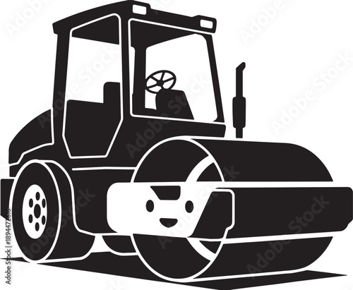 Black and white of a road roller with a smiling face on its front construction vehicle