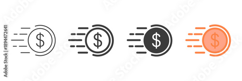 Set of minimalist fast money icons with transparent background, depicting moving dollar coin symbols for quick transactions, instant payments, and financial speed, vector illustration