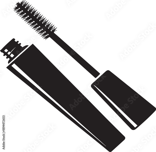 Black mascara tube and wand with bristled applicator on white background makeup beauty