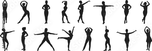 Collection of Sixteen Women Fitness and Yoga Silhouettes in Various Poses for Sports Branding Wellness Marketing and Healthy Lifestyle Design