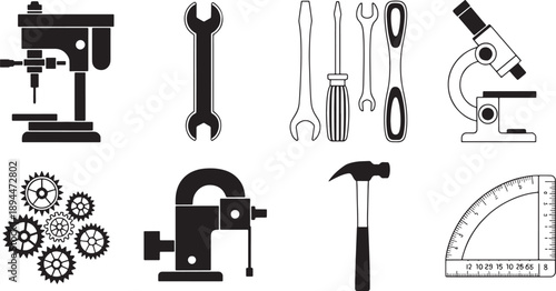 Collection of black and white representing tools and scientific equipment drill press