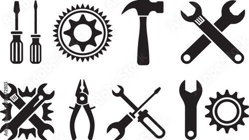 Collection of black and white silhouette of various tools and gears wrench screwdriver