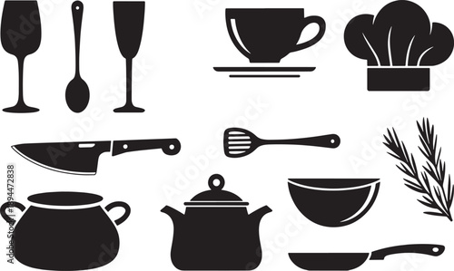 Collection of black kitchen utensils and cookware silhouettes on white background