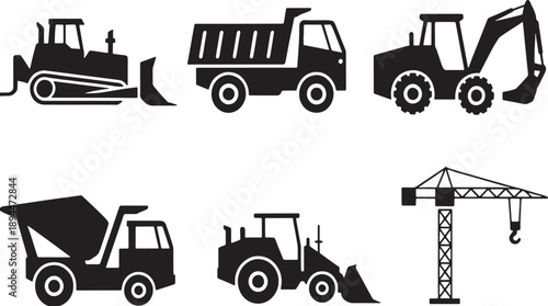 Collection of black construction vehicle including bulldozer dump truck excavator loader and crane