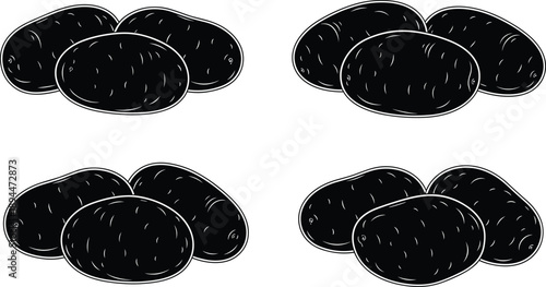 Potato silhouette illustration collection isolated on white background showing fresh whole vegetables, organic farm food, natural ingredient concept, black vector style produce design.