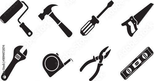Collection of eight black silhouette representing common hand tools for construction and repair