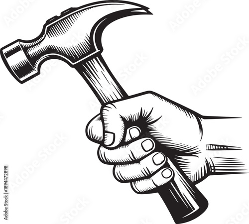Hand holding a claw hammer with woodcut style shading tool