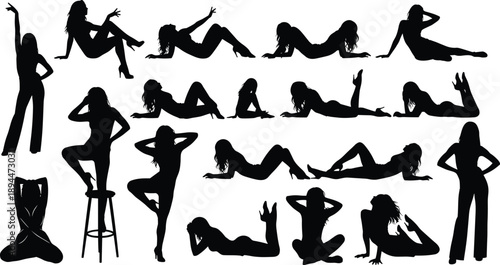 Sexy female silhouette pose collection isolated on white background showing elegant women body shapes, fashion modeling, dance movements, glamour style, beauty concept, artistic human figures.
