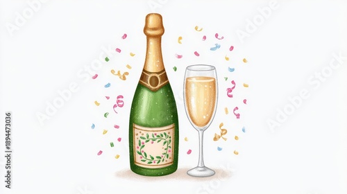 Green Glass Champagne Bottle With Full Champagne Glass And Confetti On White Background
