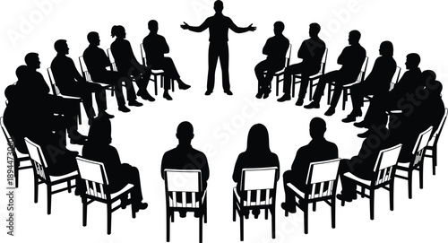 Silhouette of group therapy session with facilitator leading discussion, people sitting in circle, teamwork, communication, mental health support, and community counseling concept