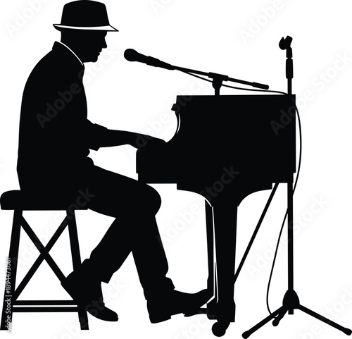 Silhouette of jazz pianist playing piano with microphone on stage, live music performance concept, musician artistry, concert and studio recording theme