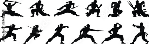 Collection of Twelve Ninja and Martial Arts Silhouettes Featuring Warriors with Swords and Action Poses for Combat Sports and Gaming Design