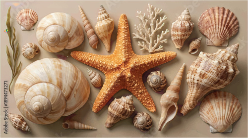assorted sea shells and starfish on beige surface