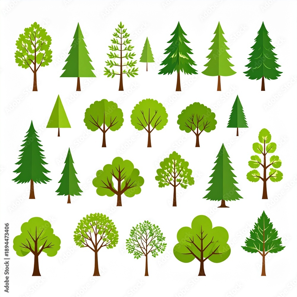 Fototapeta premium Collection of diverse green trees isolated on white background vector illustration set