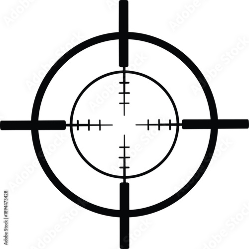 Black and white crosshair reticle graphic with concentric circles and hash marks symbolizing targeting, aiming, precision, or measurement in digital design