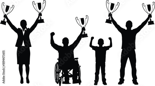 Winning people silhouette holding trophies celebrating success, inclusive achievement concept with adults child and wheelchair winner, victory and motivation theme, black vector isolated on white 
