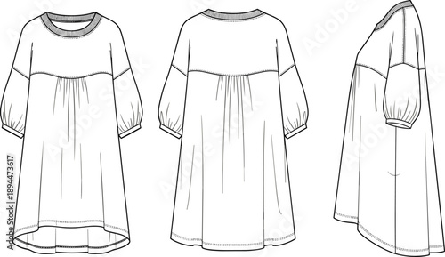 Womens Oversized Smock Dress Technical Flat Sketch Template Set Featuring Puff Sleeves and Gathered Empire Waist with Front Back and Side Views for Fashion Design