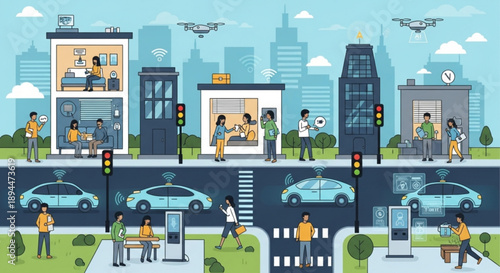 City street scene with people walking and cars driving urban landscape with buildings and technology