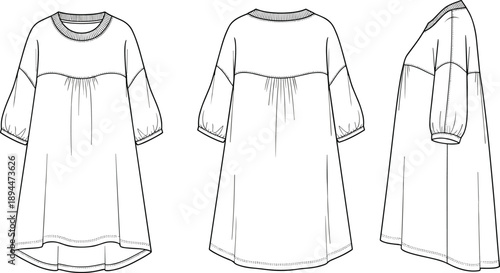 Womens Oversized Smock Dress Technical Flat Sketch Template Featuring Puff Sleeves and Gathered Empire Waist with Front Back and Side Views for Fashion Design
