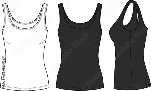 Womens Scoop Neck Tank Top Technical Flat Sketch Template Set Including Front and Side Views in Black and White for Fashion Design and Mockups