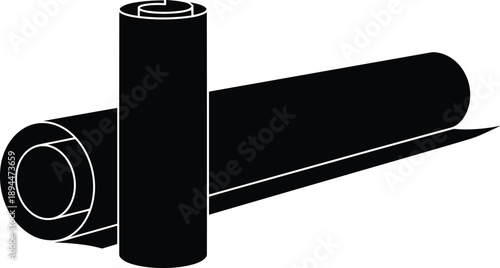Black and white silhouette of cylindrical roll partially unrolled, representing packaging, manufacturing, material design, and industrial supply in minimal graphic illustration.