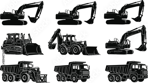 Black silhouette collection of heavy construction machinery including excavators dump trucks and bulldozers isolated on white background for industrial and civil engineering projects