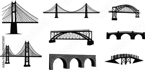 Black silhouette collection of various bridge architectural styles including suspension arch and cable stayed designs isolated on white background for engineering and urban projects