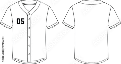 Technical flat fashion sketch of a white button down baseball jersey for men with short sleeves and front back views for apparel design CAD