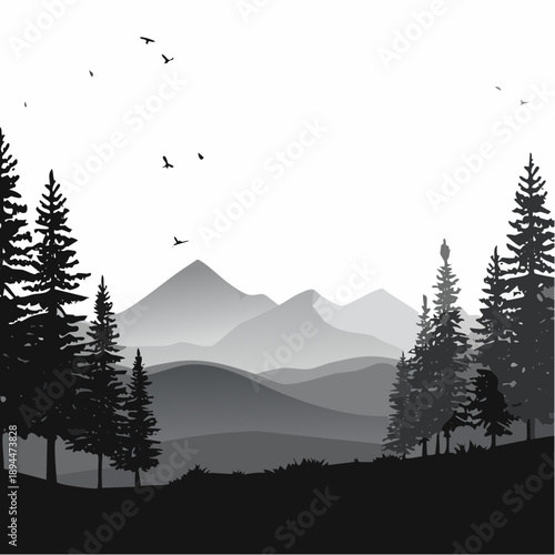 Serene mountain landscape with silhouetted trees and flying birds illustration