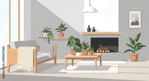 Cozy living room interior with plants wooden furniture and fireplace in modern home