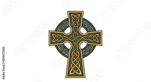 Celtic cross symbol with gold and black knotwork on white background