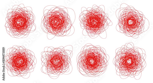 isolated abstract red scribbles and frenetic tangled doodles, rendered with fine marker linework on a transparent background with copy space. concept of dynamic graphic chaos