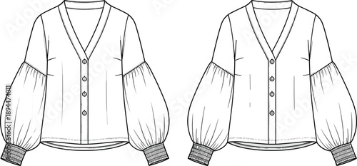 Technical flat fashion sketch of a women button up cardigan with voluminous balloon sleeves and ribbed cuffs isolated on white for apparel design CAD