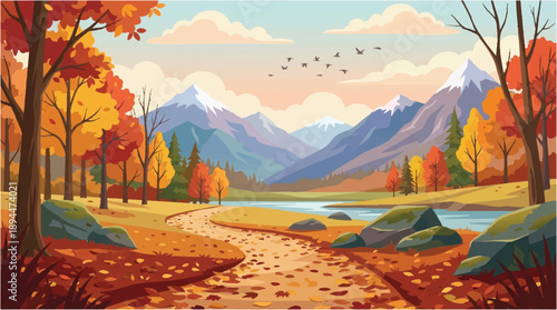 autumn landscape with mountain range and winding dirt path through forest