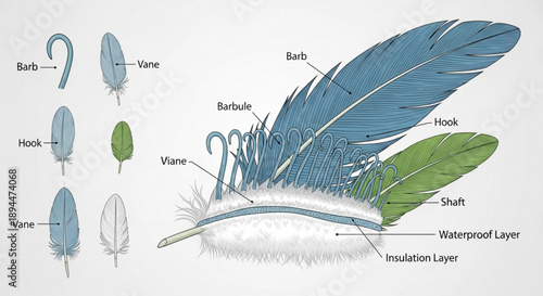 Detailed illustration of a bird feather anatomy with labeled parts and various feather types