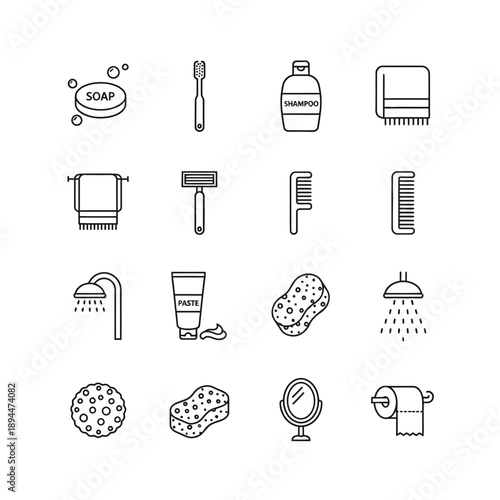 Set ikon kamar mandi dengan gaya garis tipis.
