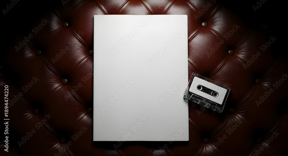 Fototapeta premium Blank white book or magazine cover mockup next to a vintage audio cassette, placed on a luxurious dark brown leather tufted surface.