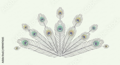 Detailed illustration of a peacock feather with vibrant blue and green eyespots on white background