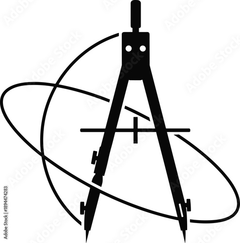 Black compass silhouette with orbital lines symbolizing geometry, precision, engineering, and scientific exploration in abstract technical style on white background.