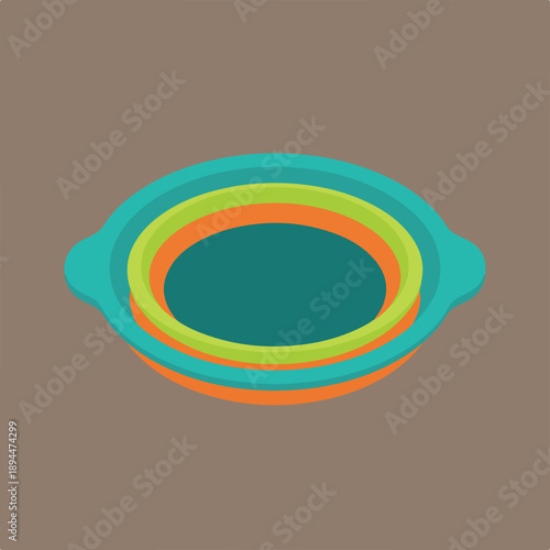 A vector illustration showcasing a stack of colorful, nested oval shapes resembling bowls or containers, presented with a flat design on a solid taupe background.